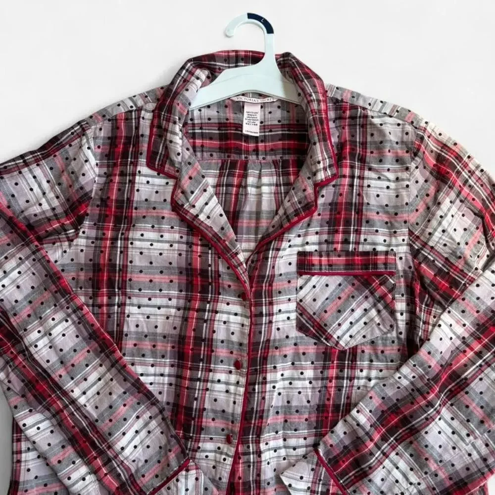 Victoria's Secret Women's Sleep Shirt L Red White Plaid Polka Dot Casual Cozy